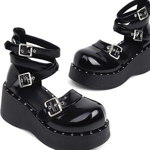 Black Platform Buckle Shoes